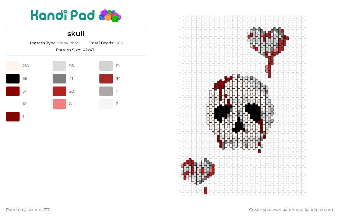 skull - Pony Bead Pattern by kerenna717 on Kandi Pad - skull,bloody,hearts,death,love,spooky,horror,macabre,gray,white