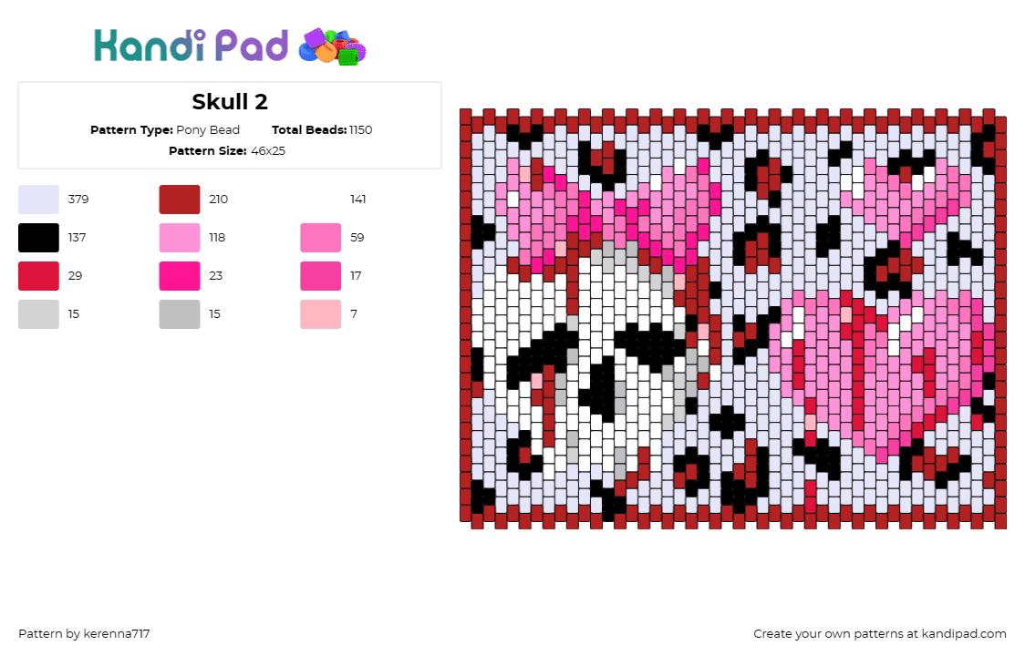 Skull 2 - Pony Bead Pattern by kerenna717 on Kandi Pad - skull,hearts,bloody,bow,bag,spooky,love,death,pink,white,gray