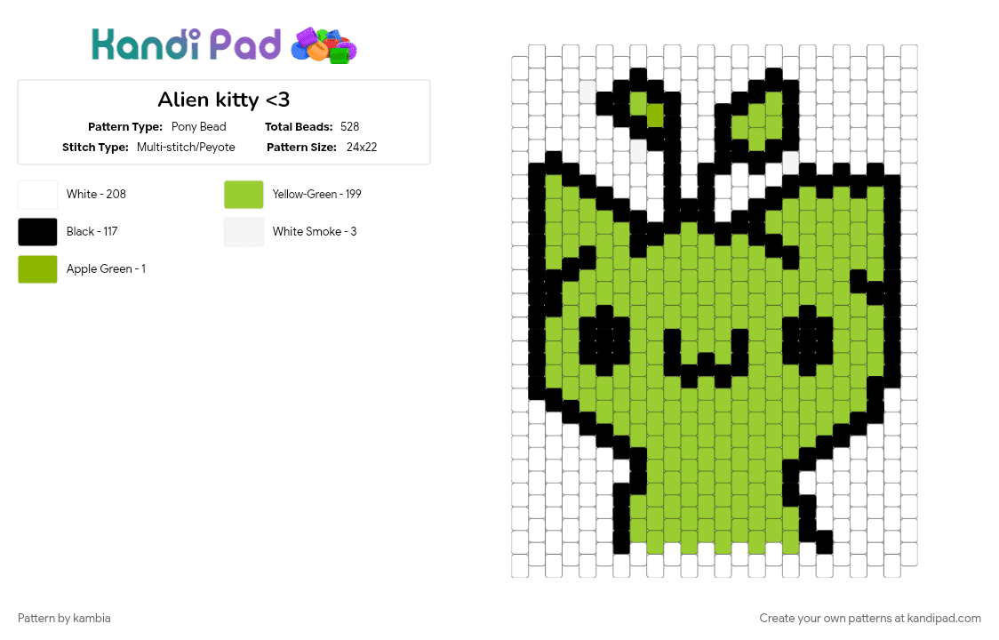 Alien kitty - Pony Bead Pattern by kambia on Kandi Pad - green, white