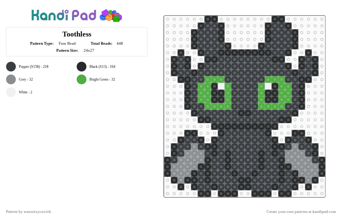Toothless - Fuse Bead Pattern by wwerztxycuvioh on Kandi Pad - black, gray, green