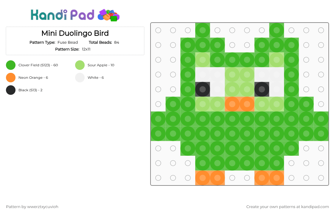Mini Duolingo Bird - Fuse Bead Pattern by wwerztxycuvioh on Kandi Pad - green