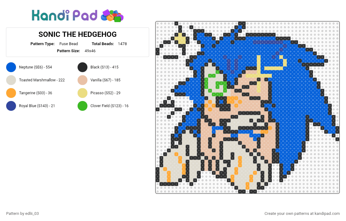 SONIC THE HEDGEHOG - Fuse Bead Pattern by edlii_03 on Kandi Pad - beige,blue