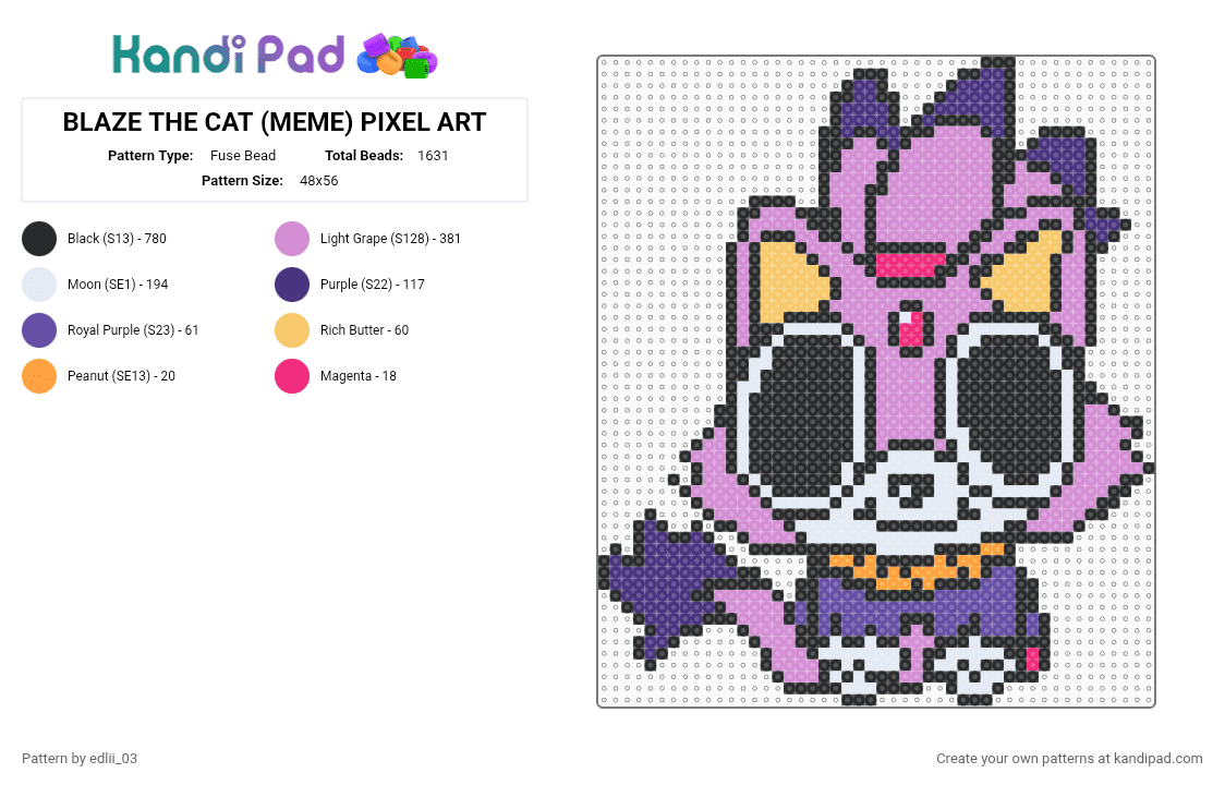 BLAZE THE CAT (MEME) PIXEL ART - Fuse Bead Pattern by edlii_03 on Kandi Pad - black,pink,purple