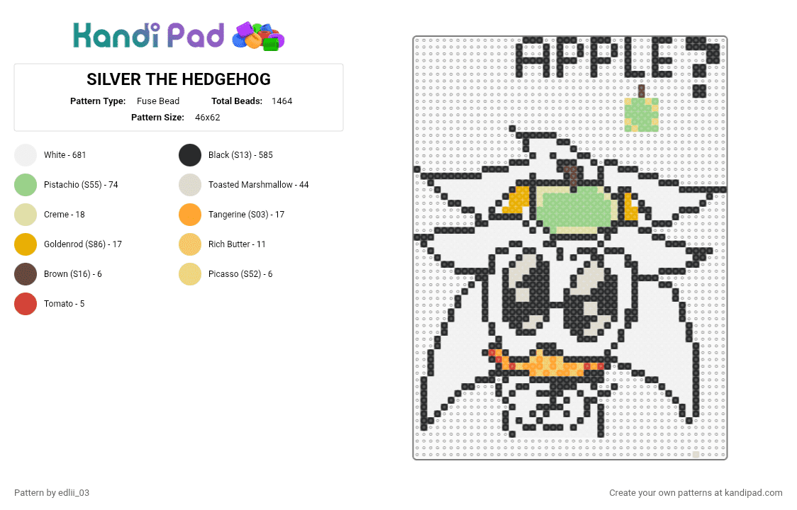 SILVER THE HEDGEHOG - Fuse Bead Pattern by edlii_03 on Kandi Pad - white,teal,orange,colorful