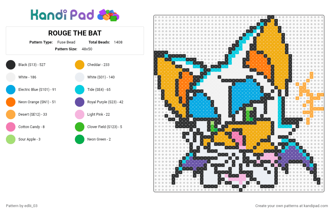 ROUGE THE BAT - Fuse Bead Pattern by edlii_03 on Kandi Pad - light blue,orange