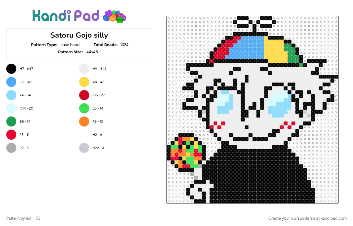 Satoru Gojo silly - Fuse Bead Pattern by edlii_03 on Kandi Pad - black, colorful, white, yellow