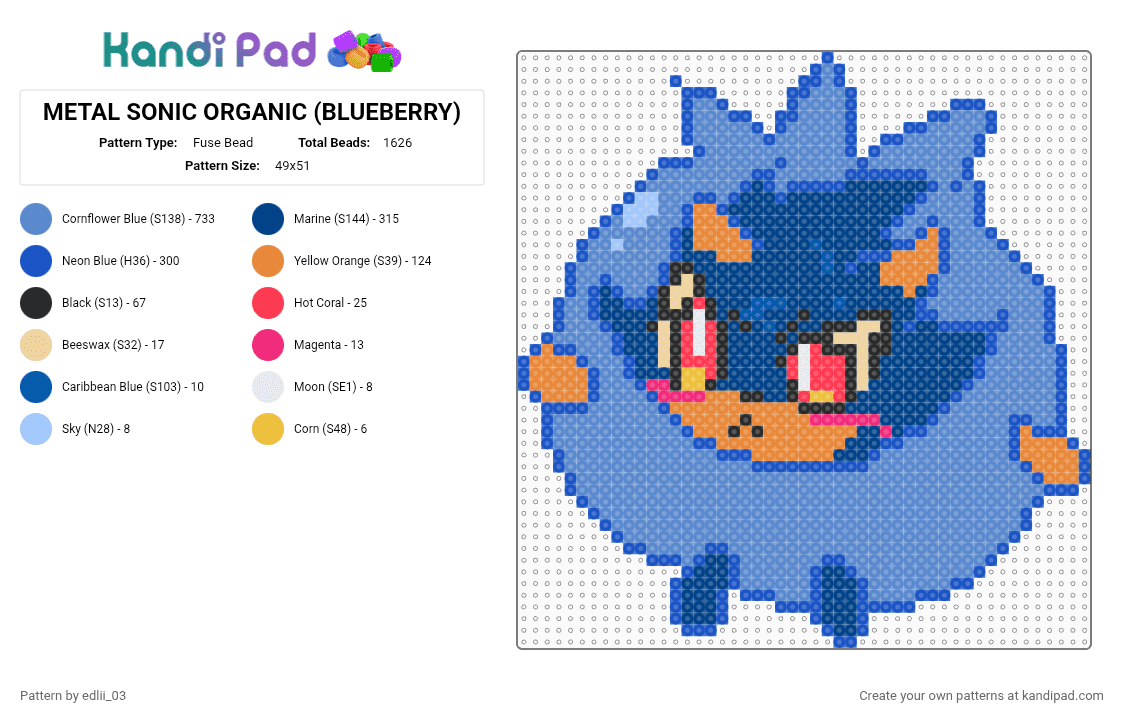 METAL SONIC ORGANIC (BLUEBERRY) - Fuse Bead Pattern by edlii_03 on Kandi Pad - blue