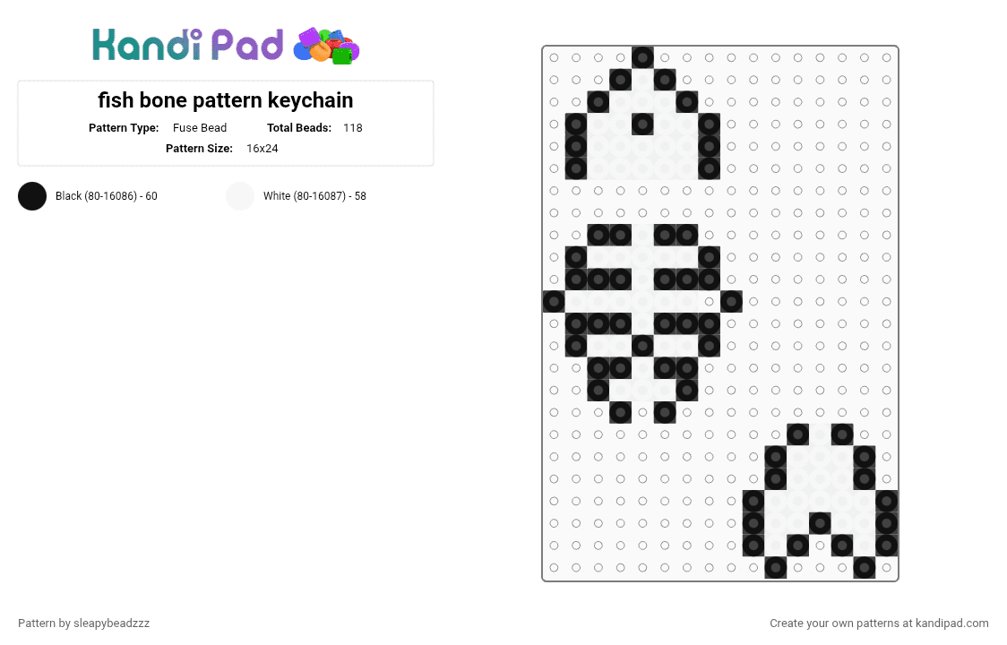 fish bone pattern keychain - Fuse Bead Pattern by sleapybeadzzz on Kandi Pad - black, white