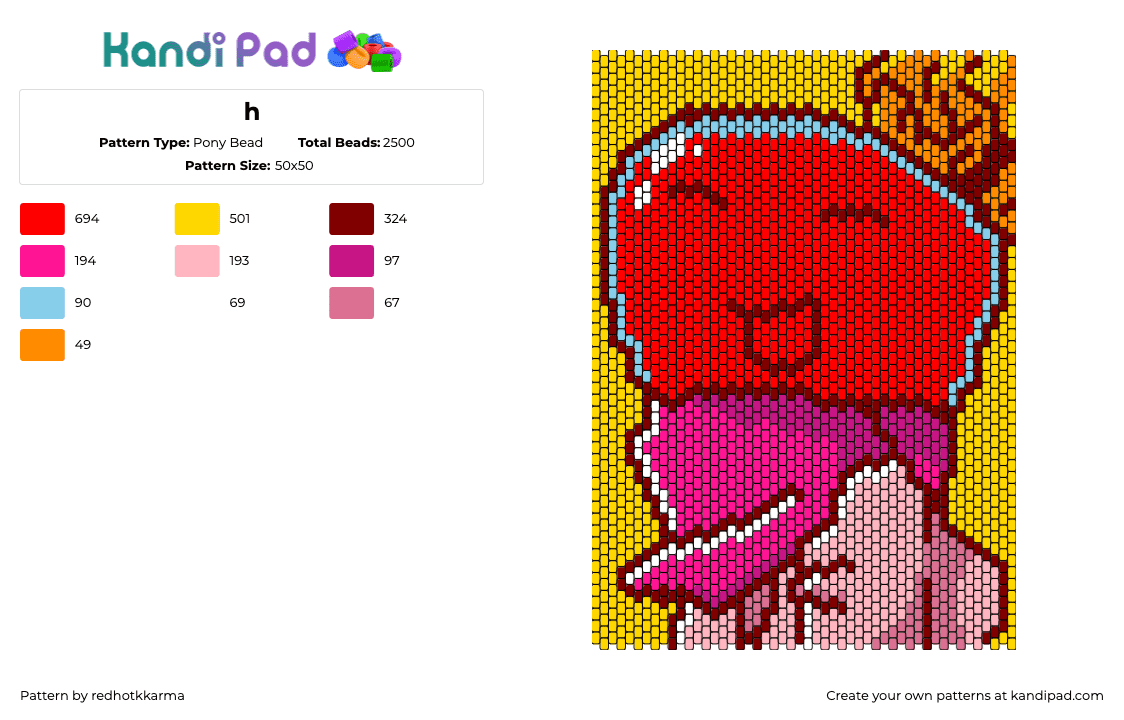 h - Pony Bead Pattern by redhotkkarma on Kandi Pad - happy,smile,panel,red,pink,yellow