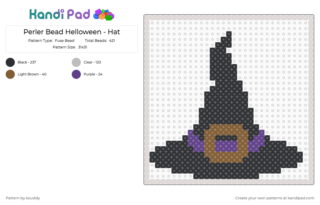 Perler Bead Halloween - Hat - Fuse Bead Pattern by kouddy on Kandi Pad - black,beige