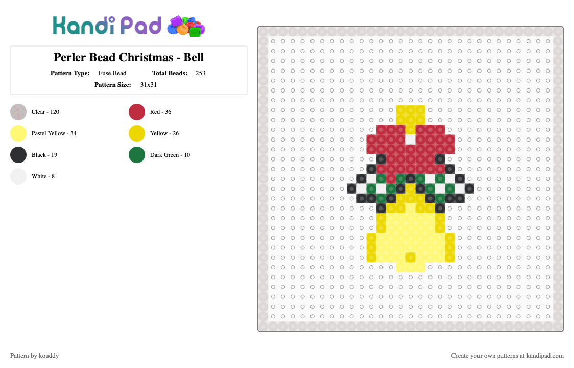 Perler Bead Christmas - Bell - Fuse Bead Pattern by kouddy on Kandi Pad - beige,yellow