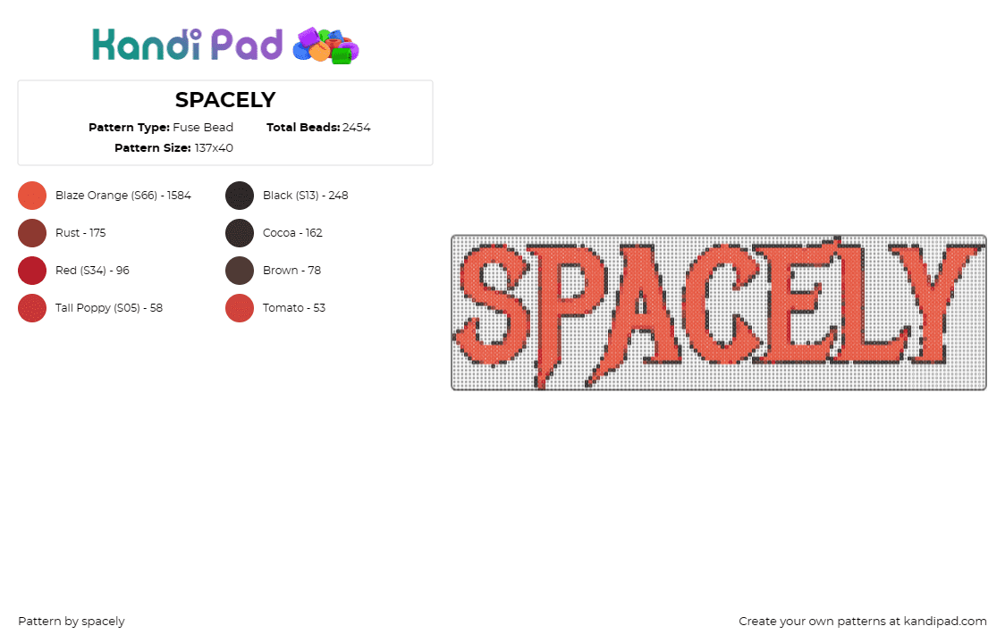 SPACELY - Fuse Bead Pattern by spacely on Kandi Pad - spacely,text,logo,orange,red