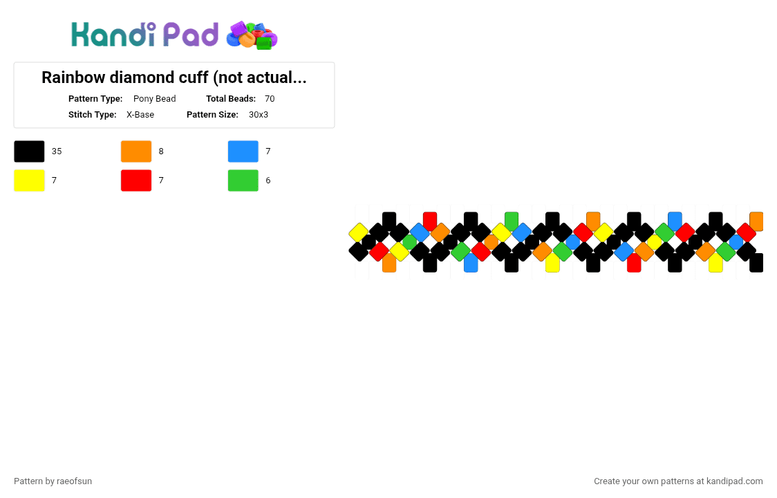 Rainbow diamond cuff (not actually x base they just look the same) - Pony Bead Pattern by raeofsun on Kandi Pad - black, colorful, light blue, red
