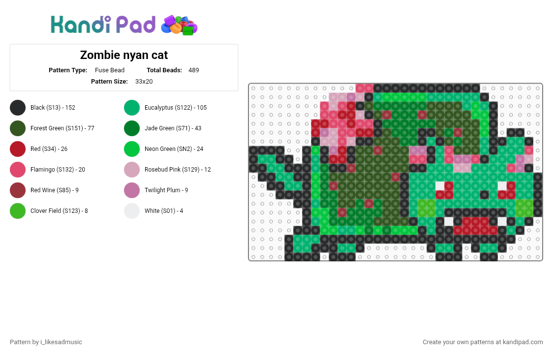 Zombie nyan cat - Fuse Bead Pattern by i_likesadmusic on Kandi Pad - green