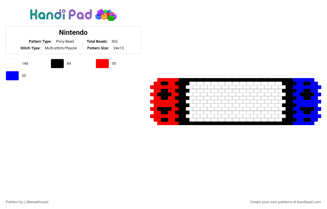 Nintendo - Pony Bead Pattern by i_likesadmusic on Kandi Pad - white,red,purple