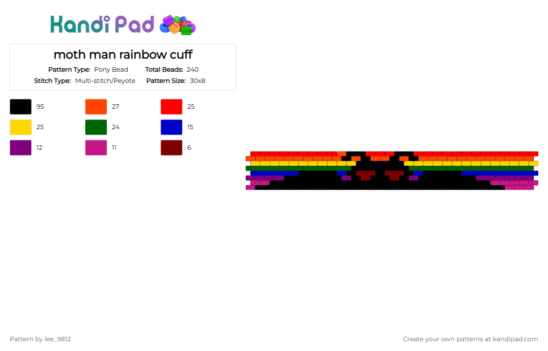 moth man rainbow cuff - Pony Bead Pattern by lee_9812 on Kandi Pad - pink,red,yellow,green,moth,mothman,lgbtq,gay,queer,cryptid,rainbow