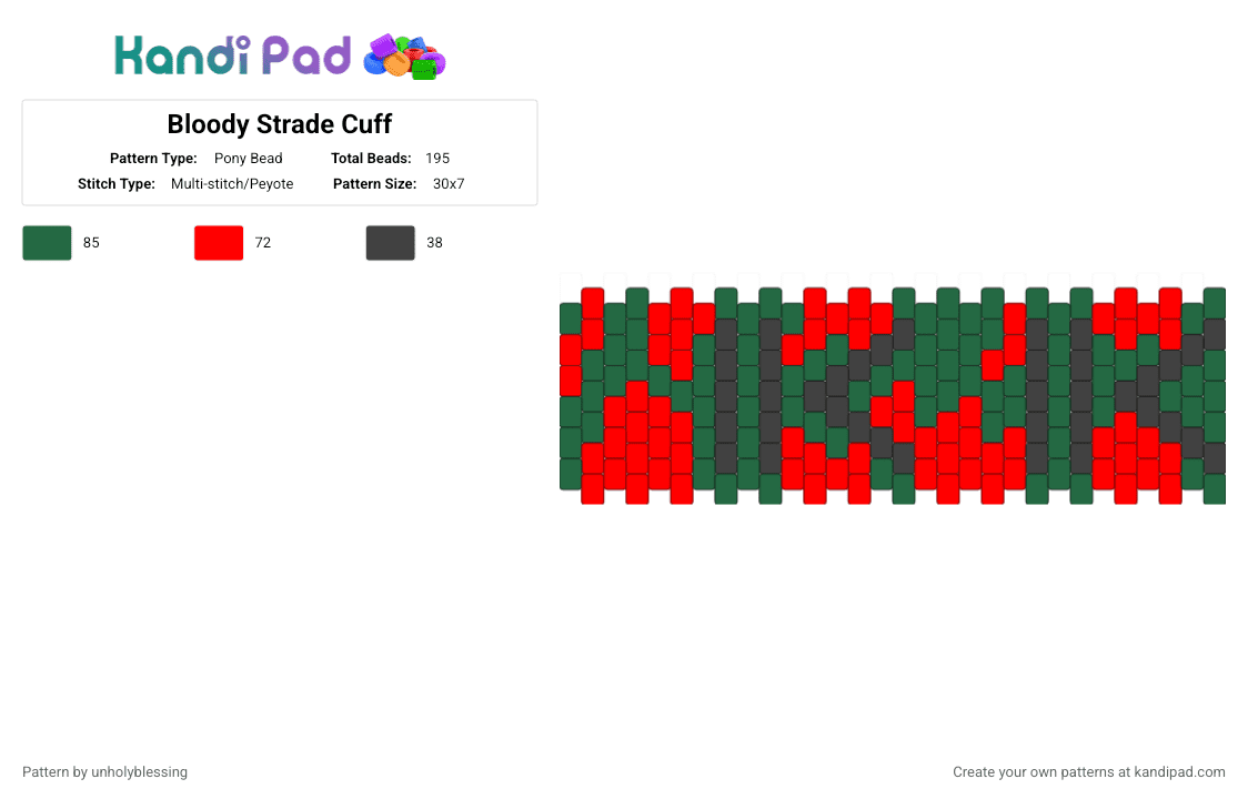 Bloody Strade Cuff - Pony Bead Pattern by unholyblessing on Kandi Pad - green,red