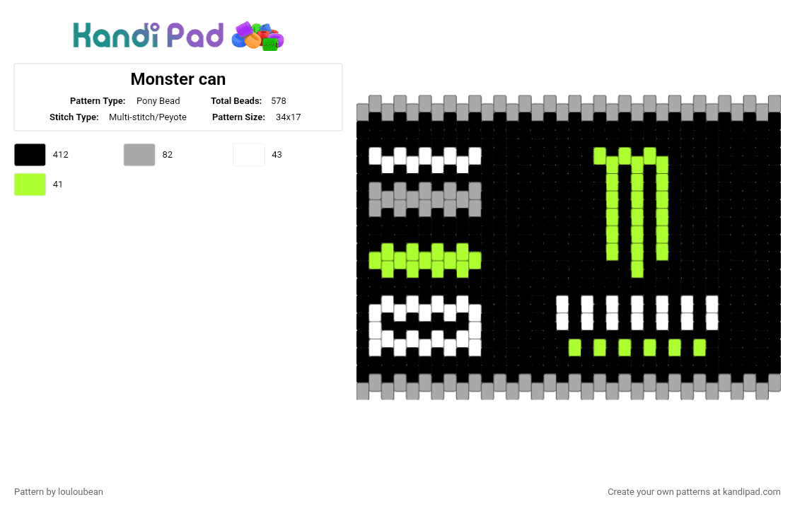 Monster can - Pony Bead Pattern by louloubean on Kandi Pad - black,beige,green