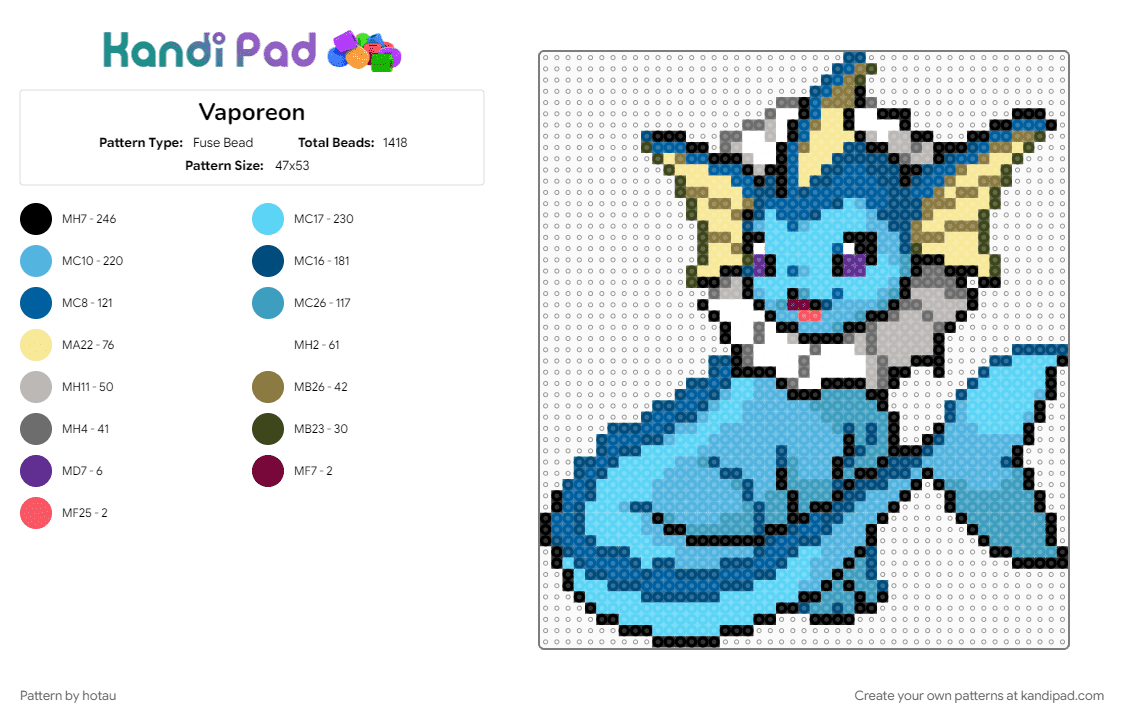 Vaporeon - Fuse Bead Pattern by hotau on Kandi Pad - blue, light blue