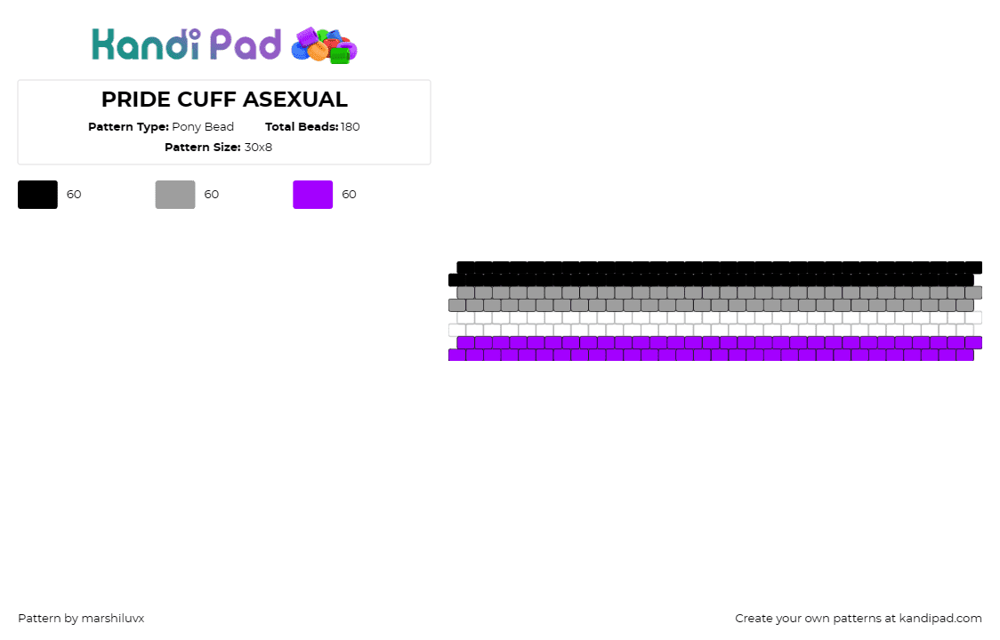 PRIDE CUFF ASEXUAL - Pony Bead Pattern by marshiluvx on Kandi Pad - asexual,pride,cuff,horizontal,stripes,purple,gray