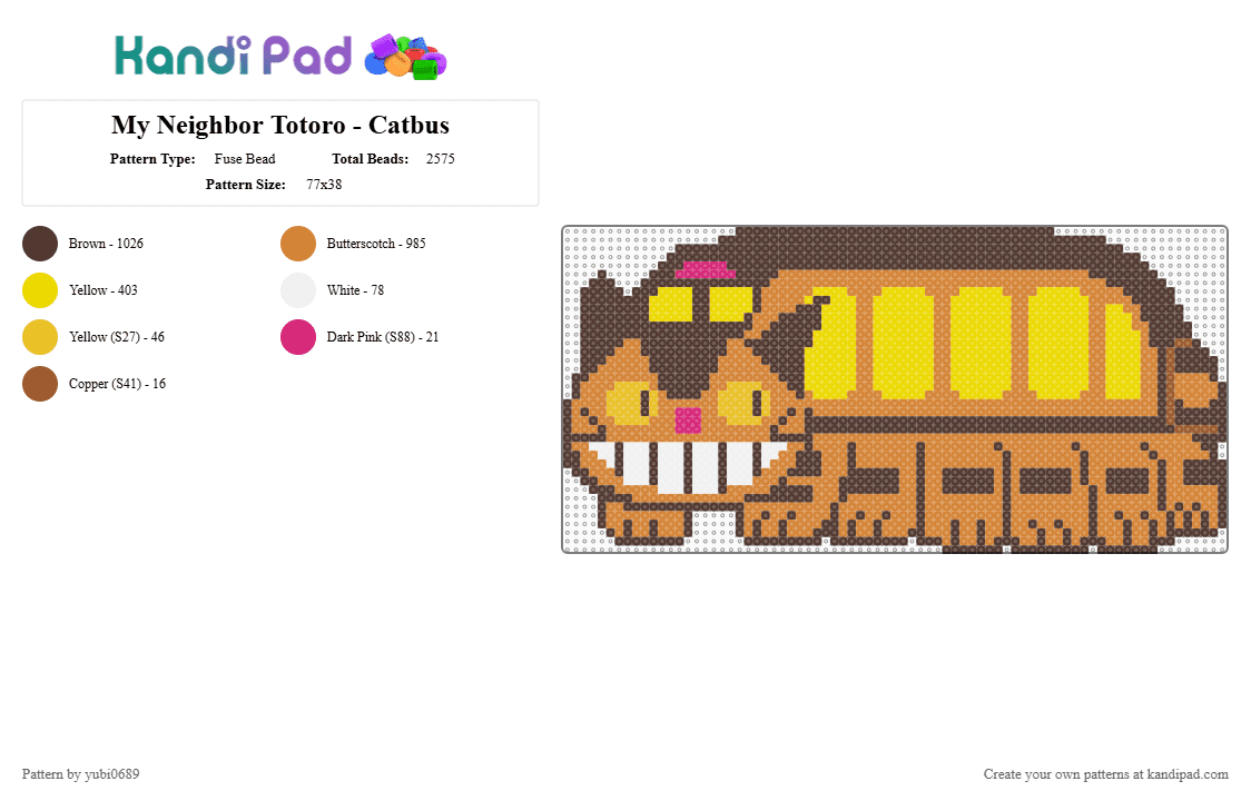 My Neighbor Totoro - Catbus - Fuse Bead Pattern by yubi0689 on Kandi Pad - brown,orange,studio ghibli,totoro,catbus,cute,anime,kids