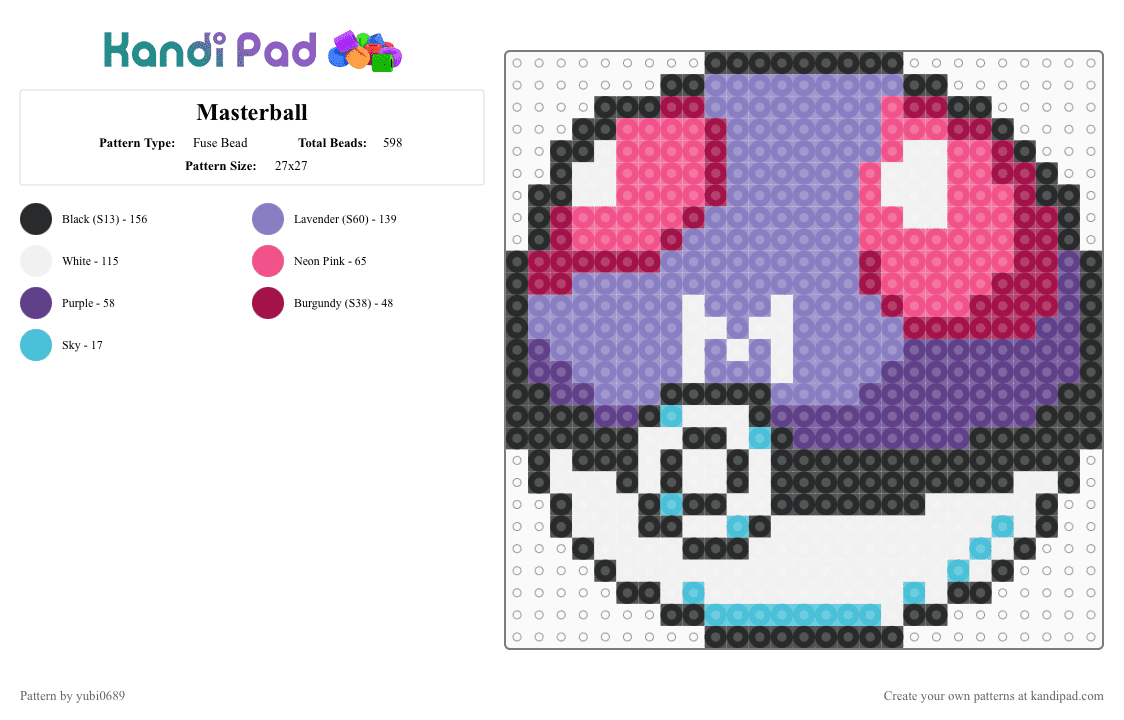 Pokemon - Masterball - Fuse Bead Pattern by yubi0689 on Kandi Pad - pink,pokeball,masterball,pokemon