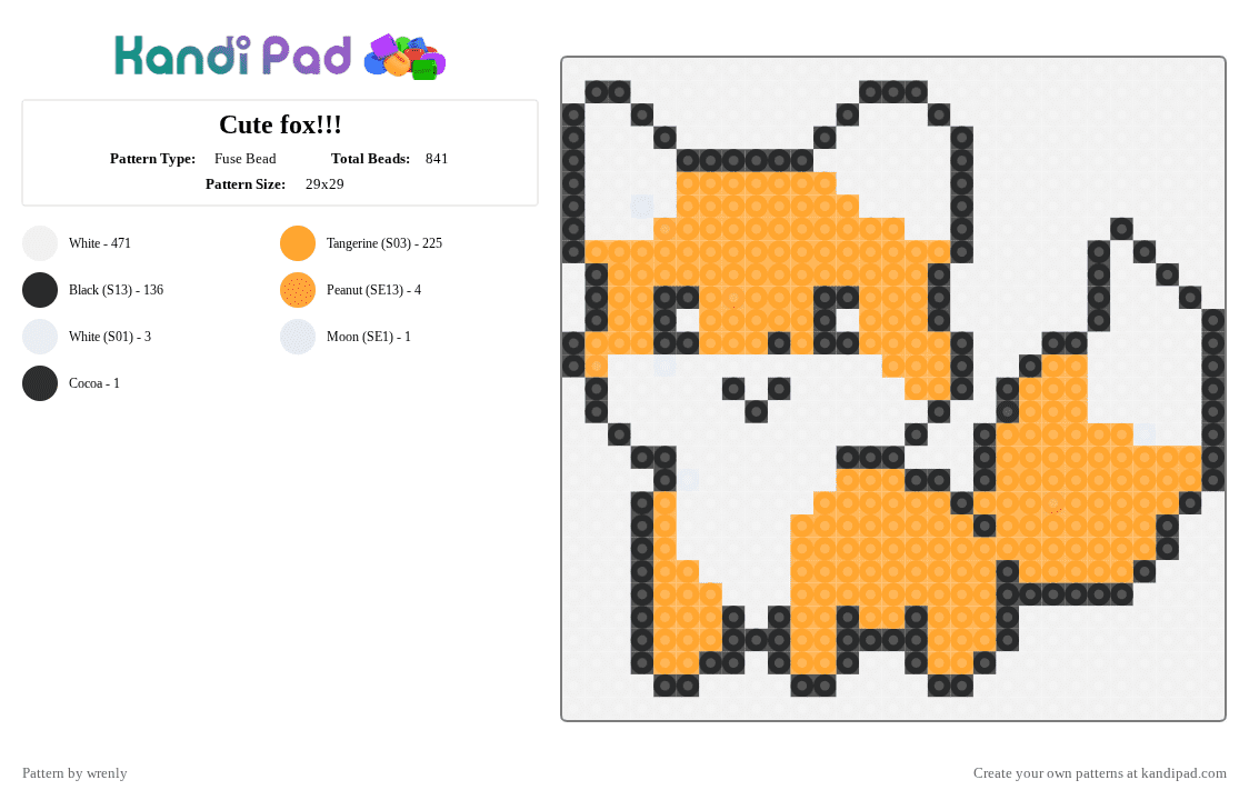 Cute fox!!! - Fuse Bead Pattern by pochacco on Kandi Pad - white,orange