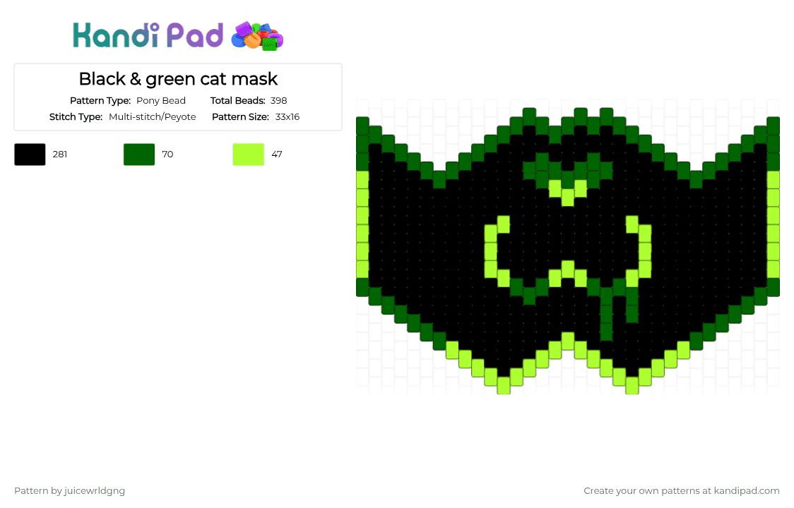 Black & green cat mask - Pony Bead Pattern by juicewrldgng on Kandi Pad - green,black