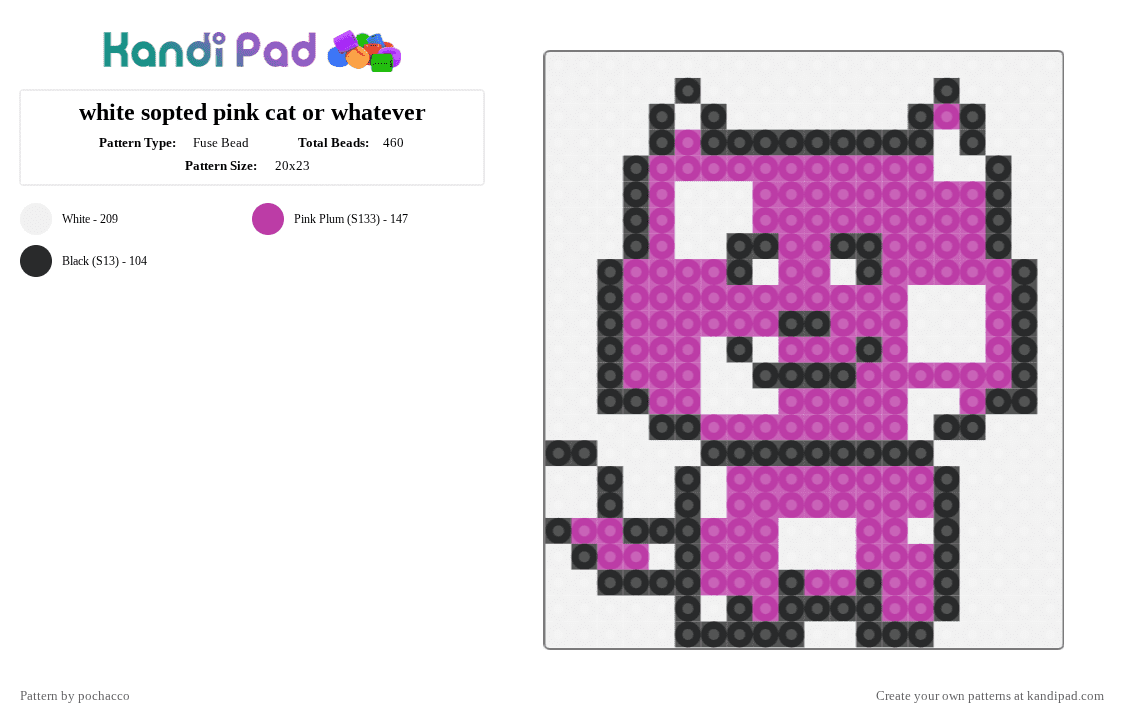 white sopted pink cat or whatever - Fuse Bead Pattern by juicewrldgng on Kandi Pad - white,pink