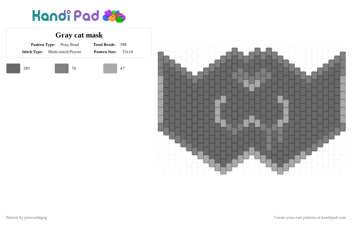 Gray cat mask - Pony Bead Pattern by juicewrldgng on Kandi Pad - gray