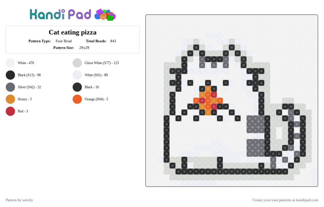 Cat eating pizza - Fuse Bead Pattern by wrenly_loves_megumi on Kandi Pad - white,gray