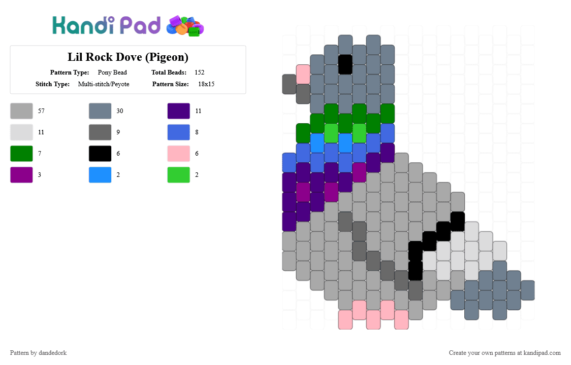 Lil Rock Dove (Pigeon) - Pony Bead Pattern by dandedork on Kandi Pad - beige, gray