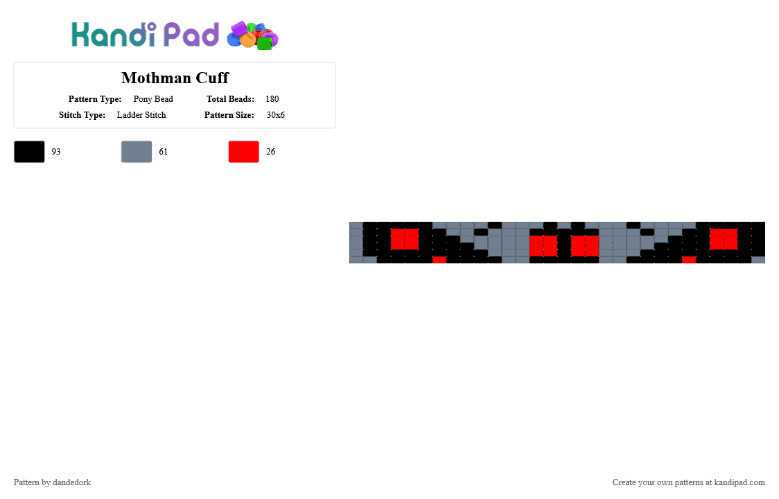 Mothman Cuff - Pony Bead Pattern by dandedork on Kandi Pad - gray, red