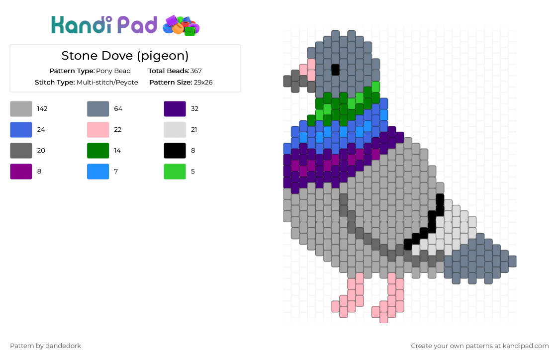 Rock Dove (pigeon) - Pony Bead Pattern by dandedork on Kandi Pad - beige, gray