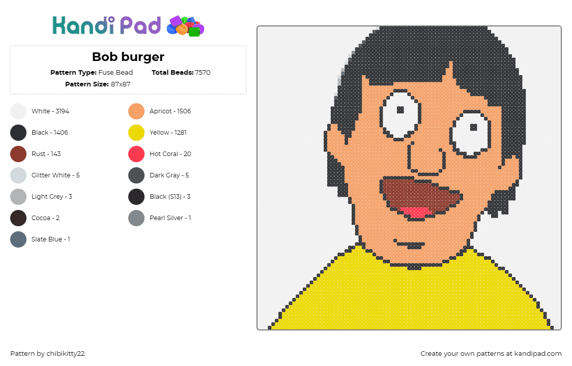 Bob burger - Fuse Bead Pattern by chibikitty22 on Kandi Pad - gene belcher,bobs burgers,cartoon,character,tv show,playful,silly,yellow,tan