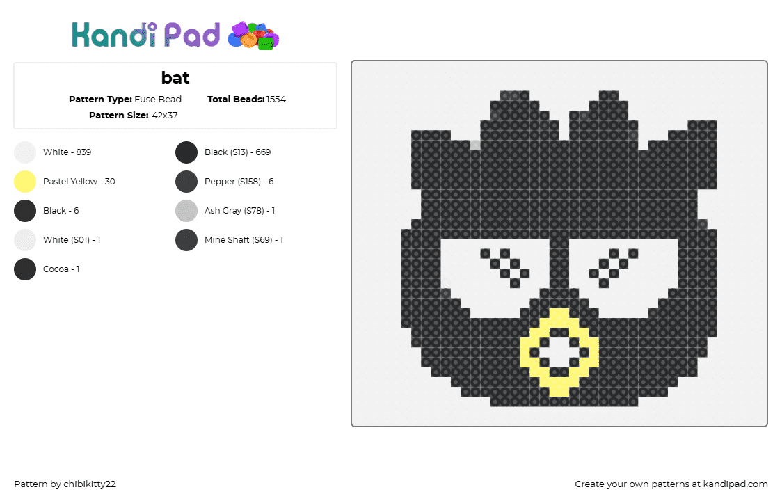 bat - Fuse Bead Pattern by chibikitty22 on Kandi Pad - batzmaru,sanrio,character,kawaii,head,black,white