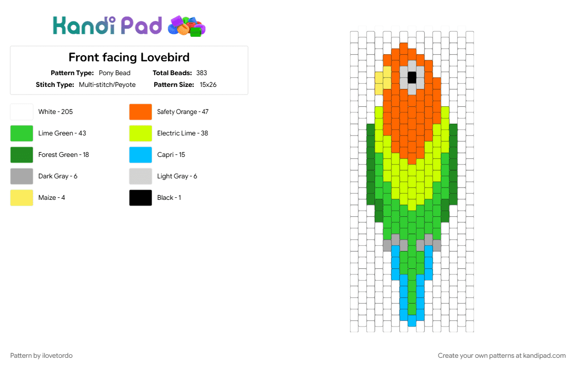Front facing Lovebird - Pony Bead Pattern by ilovetordo on Kandi Pad - animals, colorful, cotdbirds, cute, green, orange, peyote stitch, white, yellow