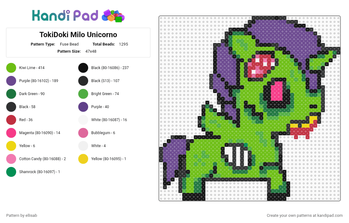 TokiDoki Milo Unicorno - Fuse Bead Pattern by ellisab on Kandi Pad - unicorn,zombie,halloween,spooky,purple,green