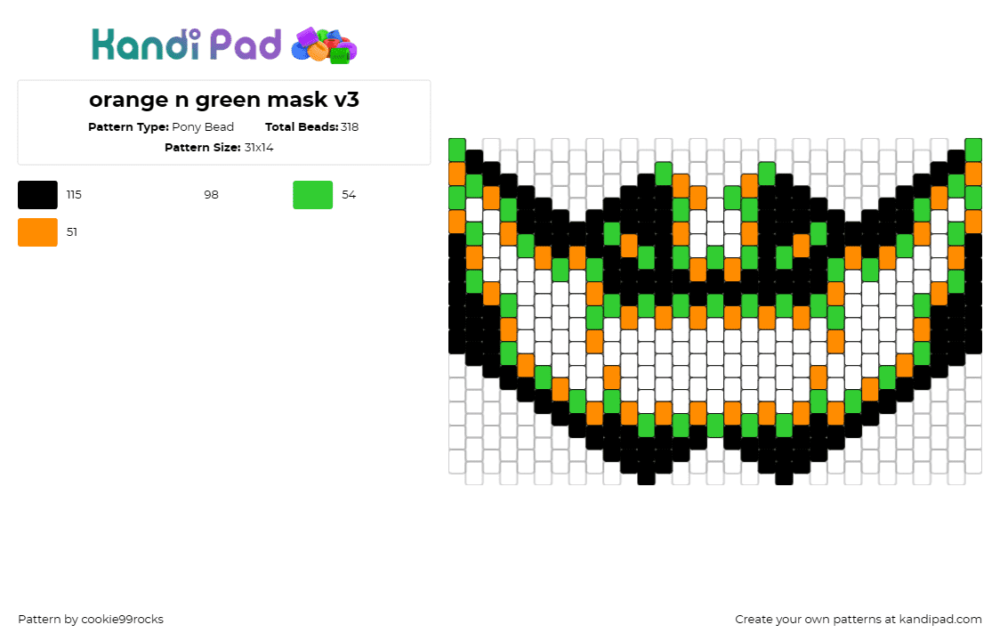 orange n green mask v3 - Pony Bead Pattern by cookie99rocks on Kandi Pad - spooky,halloween,mask,black,green