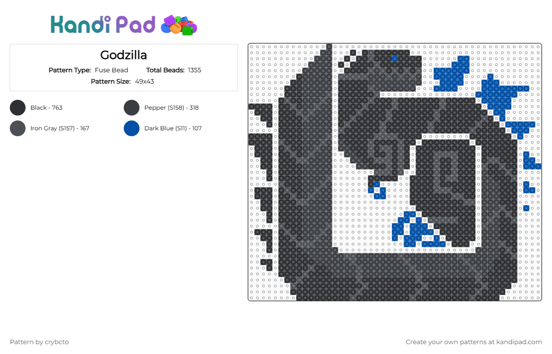 Godzilla - Fuse Bead Pattern by crybcto on Kandi Pad - black,blue,purple,godzilla,monster hunter,kaiju