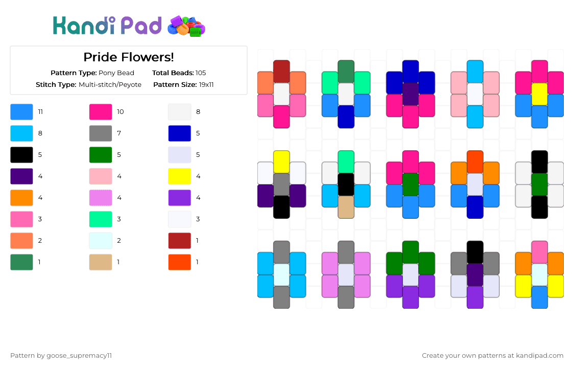 Pride Flowers! - Pony Bead Pattern by goose_supremacy11 on Kandi Pad - gray, light blue, pink, purple