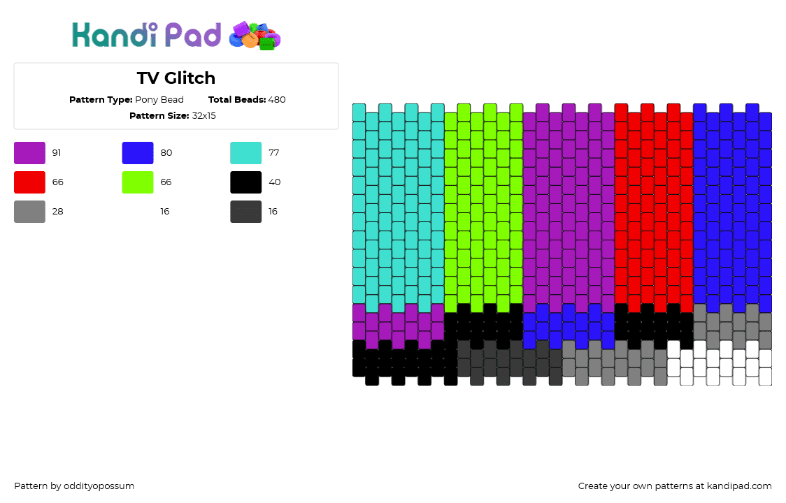 TV Glitch - Pony Bead Pattern by oddityopossum on Kandi Pad - glitch,emergency broadcast system,colorful,geometric,panel,television,tv,teal,green,purple,red,blue