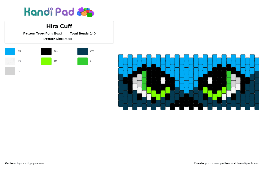 Hira Cuff - Pony Bead Pattern by oddityopossum on Kandi Pad - eyes,animal,furry,cuff,blue,green