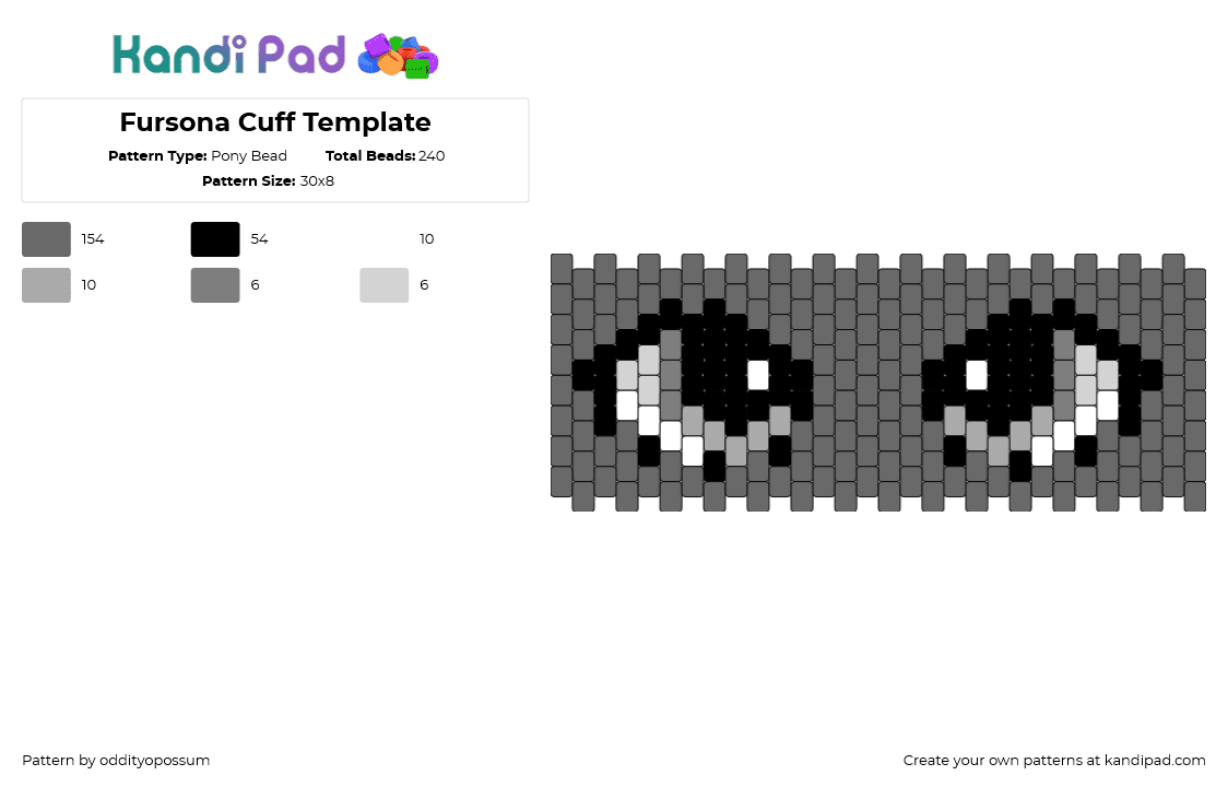 Fursona Cuff Template - Pony Bead Pattern by oddityopossum on Kandi Pad - fursona,eyes,community,cuff,gray