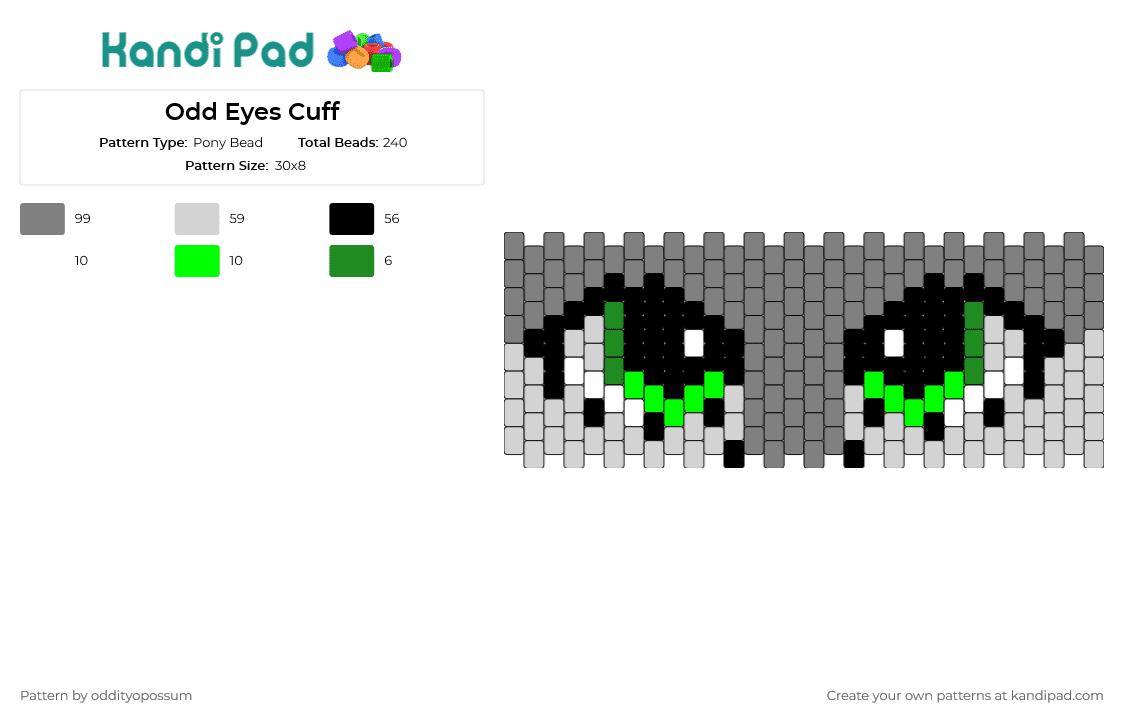 Odd Eyes Cuff - Pony Bead Pattern by oddityopossum on Kandi Pad - eyes,animal,furry,cuff,gray,green
