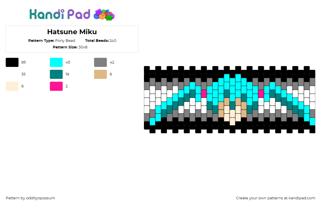 Hatsune Miku - Pony Bead Pattern by oddityopossum on Kandi Pad - hatsune miku,vocaloid,music,digital,anime,teal,black,white,cuff