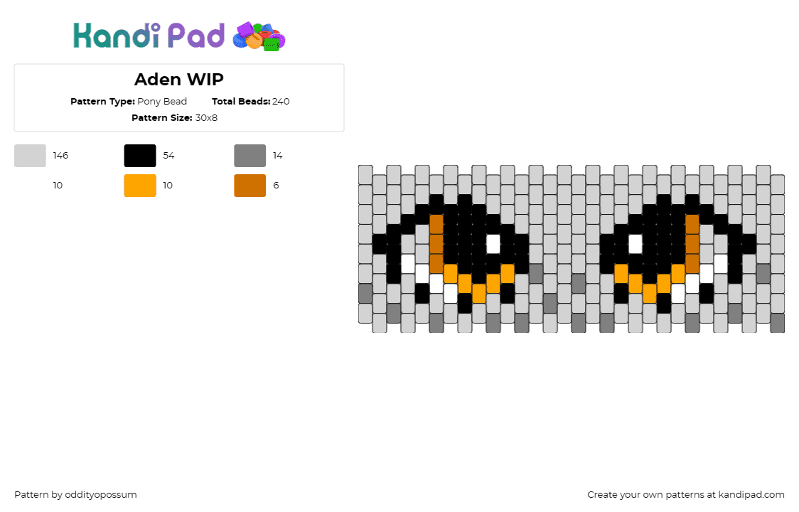 Aden WIP - Pony Bead Pattern by oddityopossum on Kandi Pad - eyes,animal,furry,cuff,gray,orange