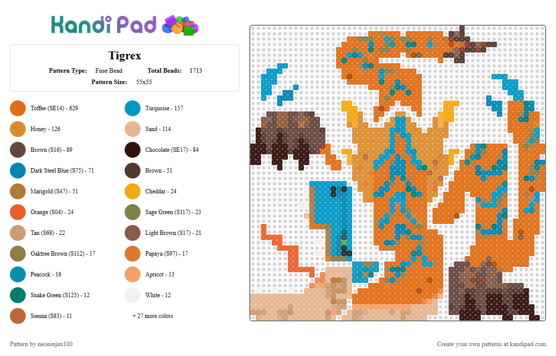 Tigrex - Fuse Bead Pattern by neoninjax100 on Kandi Pad - brown,orange,light blue,beige,monster hunter,tigrex