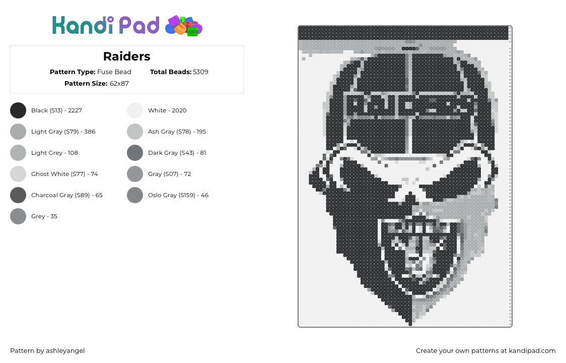 Raiders - Fuse Bead Pattern by ashleyangel on Kandi Pad - raiders,skull,oakland,football,team,sports,grayscale,black,white