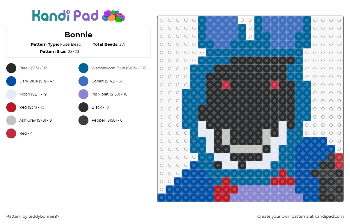 Bonnie - Fuse Bead Pattern by teddybonnie87 on Kandi Pad - bonnie,fnaf,five nights at freddys,character,spooky,scary,blue,black